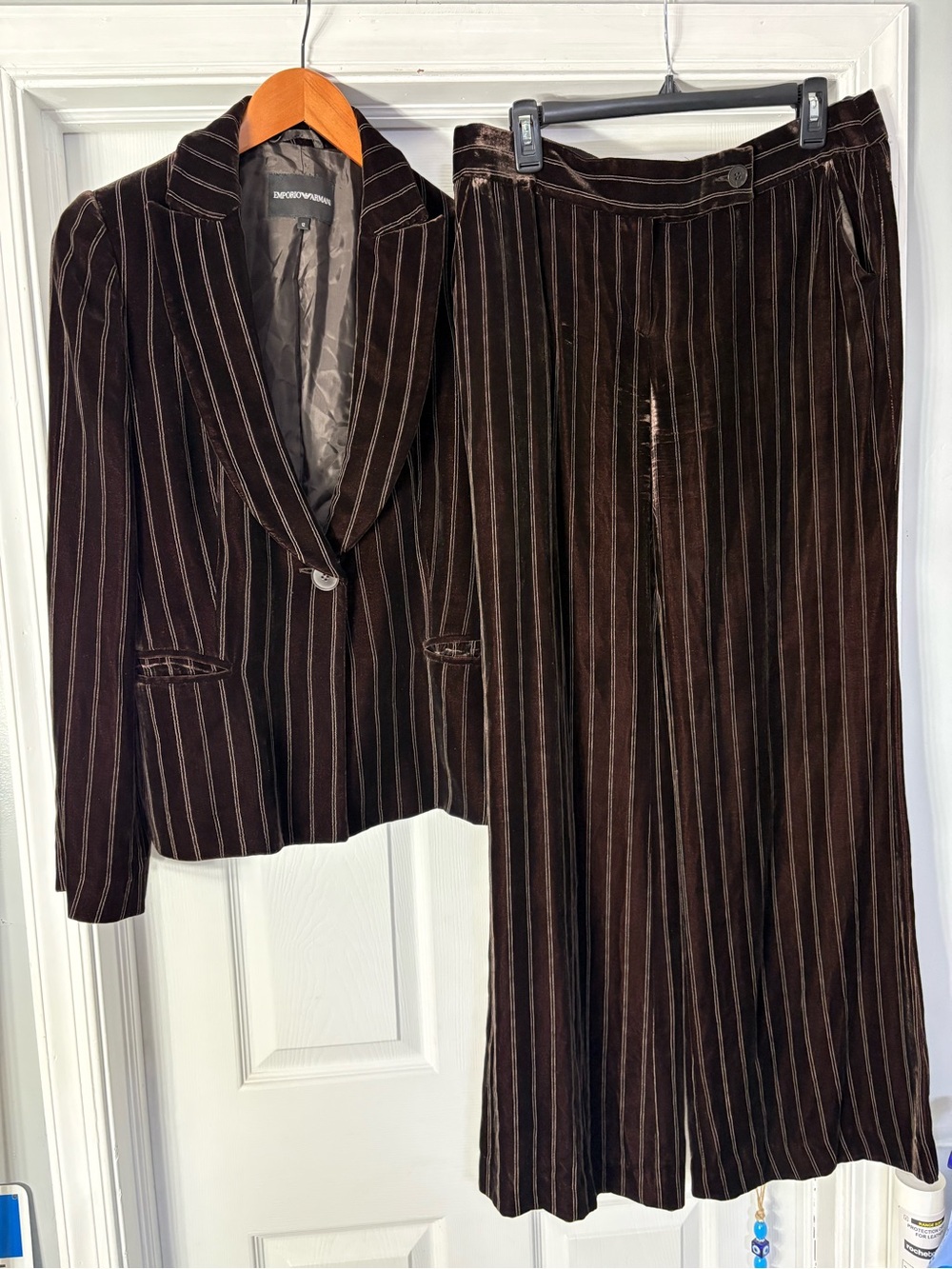 Emporio Armani Dark Brown Velvet Pinstripe Blazer & Wide-Leg Trousers